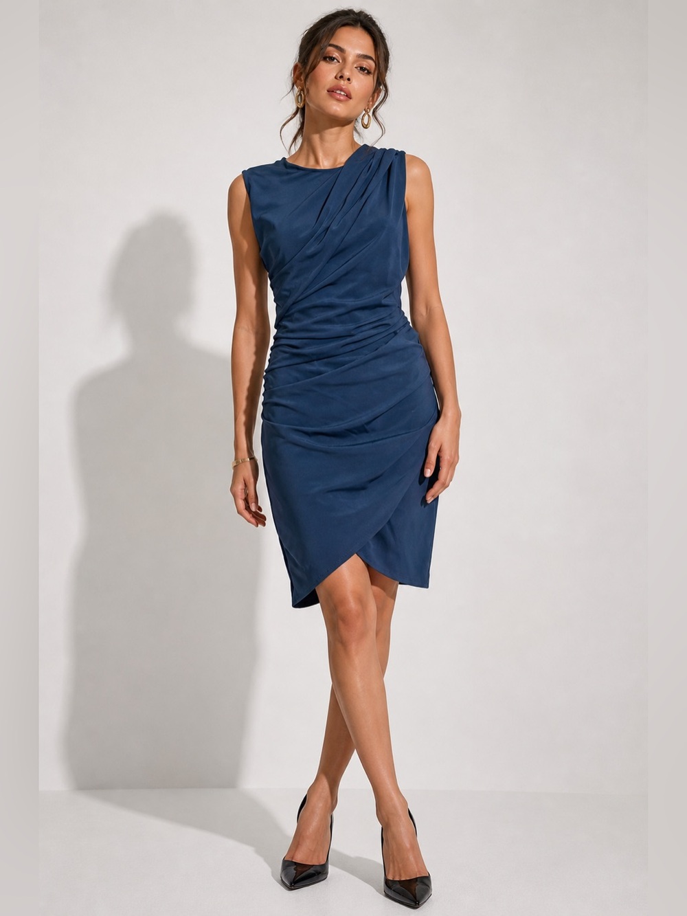 Denny Rose Blue Ruched Bodycon  Draped Front Italian Designer Cocktail Dress